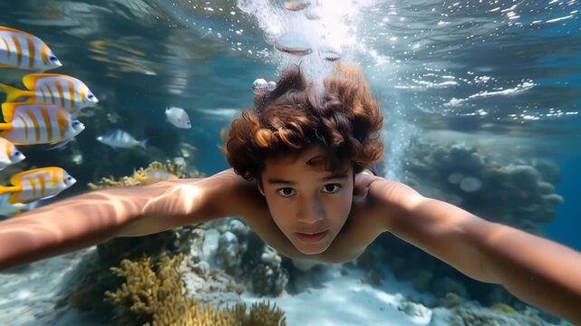 A kid snorkeling in a vibrant coral reef, surrounded by a variety of fish species and marine plants, inspiring curiosity about ocean ecosystems and encouraging a healthy lifestyle through active