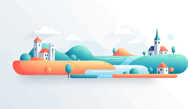 A stylized landscape features rolling hills, water, and buildings in a minimalist style