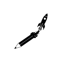 Pencil transforming into a rocket ship with fiery exhaust, symbolizing creativity, innovation, and launching new ideas.