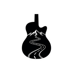 Acoustic guitar silhouette with a winding mountain road and snowy peaks inside, symbolizing freedom and adventure in music.
