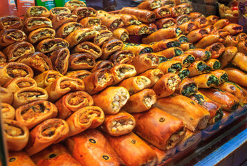 Stall selling a variety of delicious snacks at a street market in Barcelona, ​​Spain