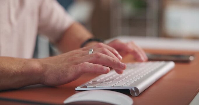 Hands, keyboard and typing with business man at desk in office for feedback, planning or report. Computer, fingers and wireless with employee person in workplace for online research or review