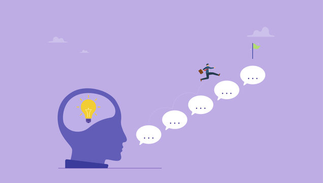 Businessman jump on speech bubble advice to success. Expert advice or idea to success concept, advice or effective feedback to motivate to success, comment, idea, opinion for career improvement.