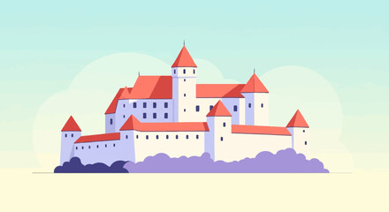 A vibrant, flat-design illustration of a grand medieval castle with red rooftops © samsudin