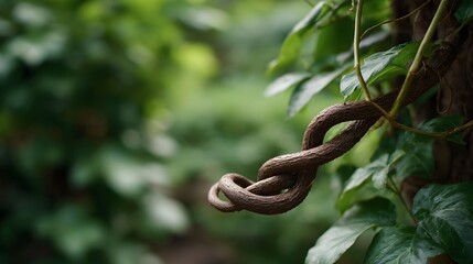 A thick brown vine intricately twisted and intertwined amidst lush green foliage in a natural setting