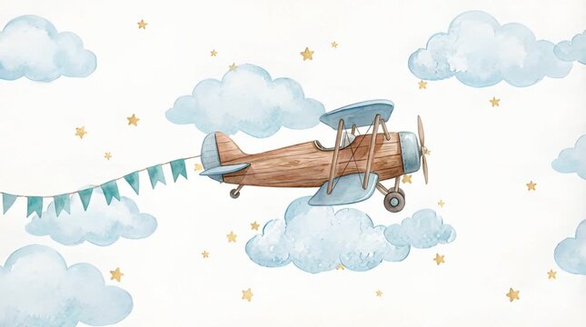 Watercolor Airplane Flying Among Clouds and Stars on White Background Animated Children's Cartoon Loop
