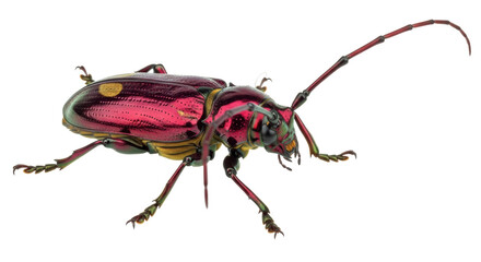 Rainbow beetle isolated PNG on transparent background, iridescent insect with long antennae and colorful exoskeleton, entomology specimen