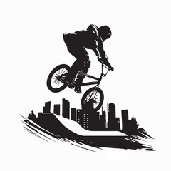 Obraz premium Silhouette of a teenage boy doing stunts on a BMX bike in a city Park silhouette vector