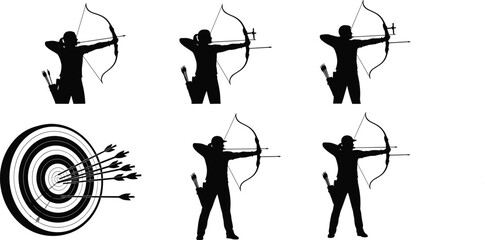 Silhouette set of archers shooting with bow and arrow, target board with arrows, sport competition concept, black vector illustration isolated on white. © Sagar Creative