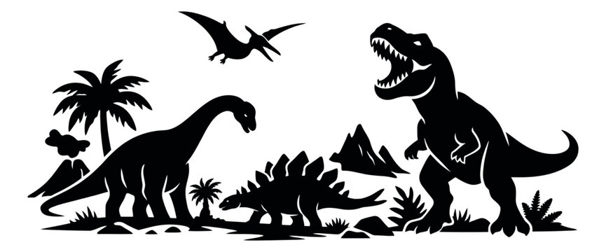 Silhouette graphic dinosaur set featuring a tyrannosaurus rex, brachiosaurus, stegosaurus, and pterodactyls in a prehistoric landscape for children's designs