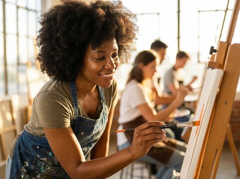 African American woman teaching painting class in bright studio  