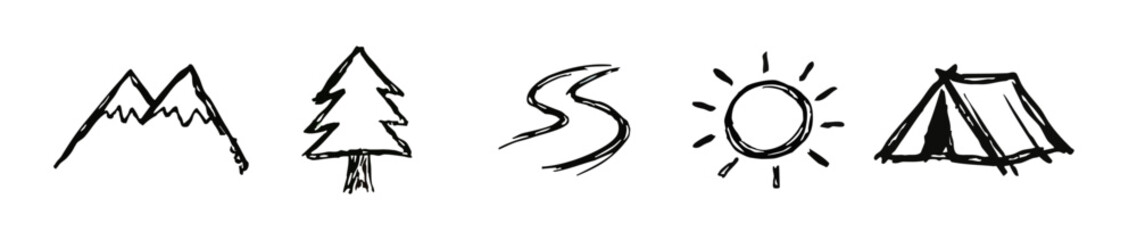 Set of hand-drawn camping and nature icons featuring mountains, a tree, a winding path, the sun, and a tent in a minimalist black sketch style. © liubomir118809