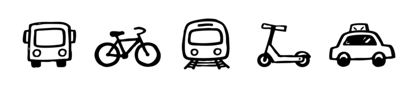 Hand-drawn doodle icons representing urban transportation options like bus, bicycle, train, scooter, and taxi on a white background.