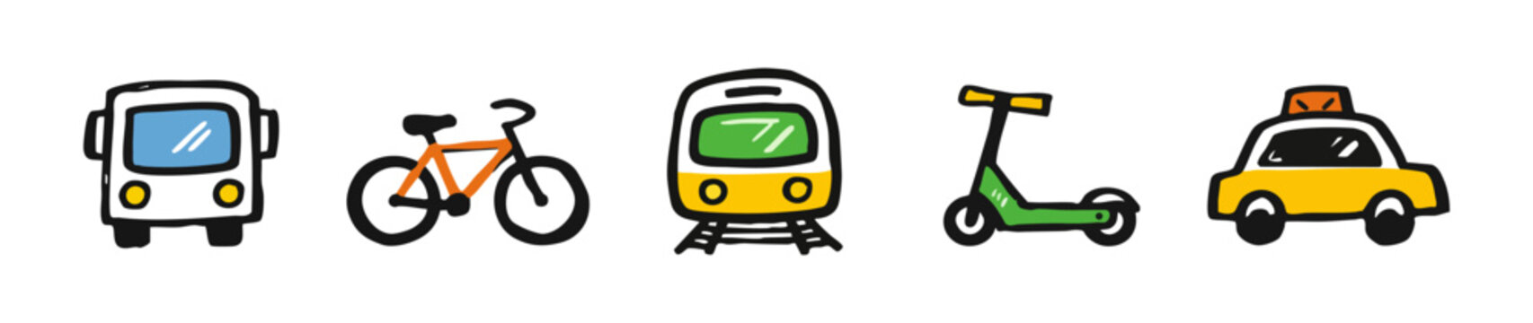 Hand-drawn doodle icons of city transport modes: bus, bicycle, train, electric scooter, and taxi. Ideal for urban mobility and commuting themes.