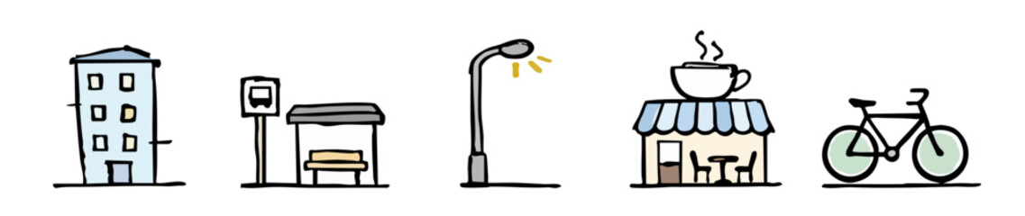 Hand-drawn urban icons set featuring a building, bus stop, street lamp, coffee shop, and bicycle, illustrating city life and infrastructure. © liubomir118809