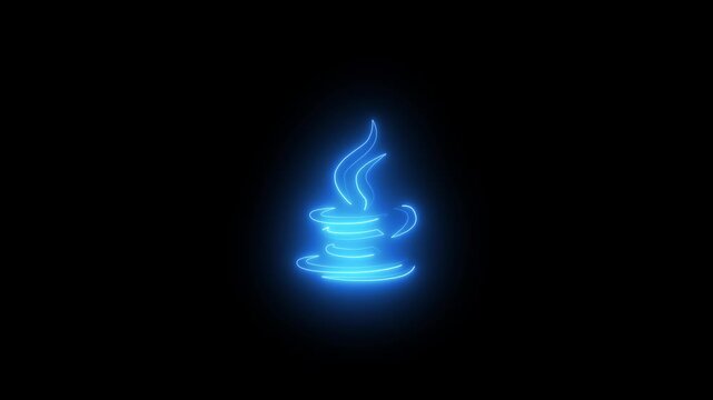 Glowing Blue Java Coffee Cup with Steam Rising on Dark Background