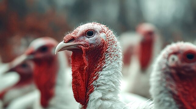 Turkey showing its distinctive red wattle and caruncles against a soft focus background of other birds, symbolizing animal agriculture and traditional holiday seasons