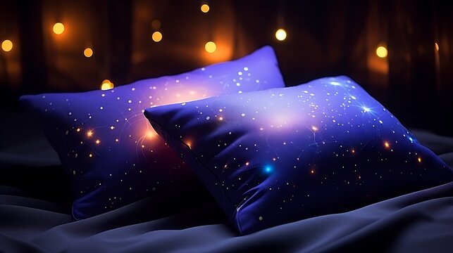 Cozy bedroom with starry night pillows and warm ambient lighting