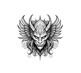 Tattoo Vorlage D&auml;mon Fantasie Zeichnung mit Geweih und Fl&uuml;geln