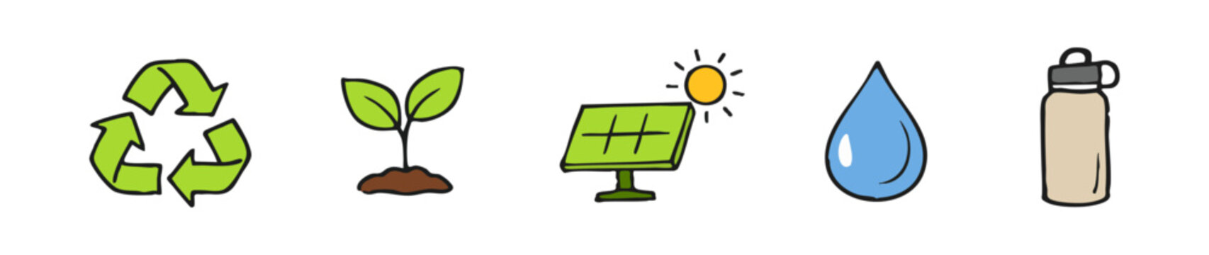Hand-drawn sustainability icons featuring a recycle sign, sprout, solar panel, water drop, and reusable bottle isolated on white.