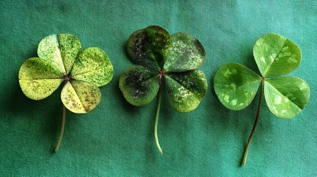 Three clover leavestwo four leaf and one three leafin varied green shades arranged on a vibrant green background, evoking luck, st. Patricks day, irish heritage, and springtime charm