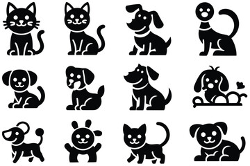 Fototapeta premium Minimalist Pet Care and Veterinary Icon Set featuring black silhouettes of cats, dogs, paw prints, and pet carriers, ideal for pet shop branding, vet clinic signage, and animal care apps.
