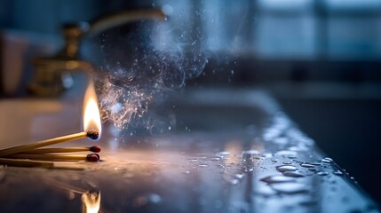Burning matchstick producing smoke and sparks with water droplets on a dark, wet sink surface, showing a dramatic contrast between fire and water elements in a detailed indoor macro view
