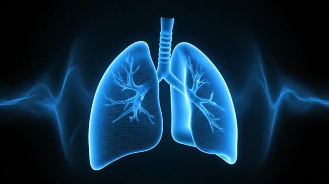 3D rendering of human lungs with blue glowing effect and wave patterns on a dark background, illustrating respiratory health and medical science.