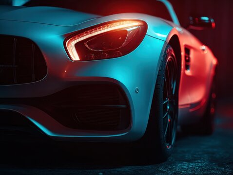Sleek silver sports car with distinctive LED headlights parked on a dimly lit street, showcasing modern design and high-performance features in a nighttime setting