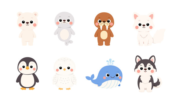 Cute Arctic Animal Cartoon Set &ndash; Polar Bear, Seal, Walrus, Arctic Fox, Penguin, Snow Owl, Blue Whale, Husky, Vector Illustration