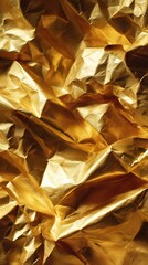 Crumpled golden foil creates a rich, luxurious abstract texture with dramatic highlights and deep shadows. Shimmering metallic folds exude elegance and opulence.