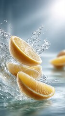 Sliced orange floats among dynamic water splashes in a vibrant, minimal scene. The juicy texture and bright droplets evoke freshness and modern beauty.