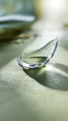 A macro shot of a clear cleansing gel drop on a smooth beige surface. Glossy texture and elongated shadow highlight its purity and minimal beauty.