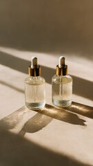 Two elegant skincare dropper bottles glisten with subtle condensation on a smooth beige surface. Golden sunlight highlights a crisp, minimal aesthetic with airy shadows.