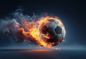 Fototapeta premium A soccer ball engulfed in flames with smoke trailing behind it in a dark background