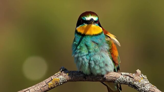 A bee-eater perched on a branch in a serene forest, viewed from the front, showcasing its vibrant plumage and natural habitat.
