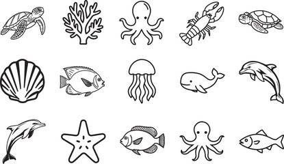 Illustration of various aquatic marine life forms in black and white, depicting diverse creatures such as sea turtles, octopus, and fish.