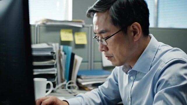 Asian man concentrating on work in a busy office cubicle