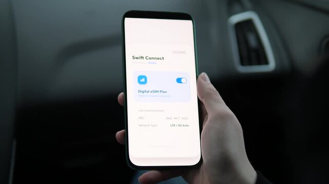 Hand holding smartphone with digital eSIM activation screen and online network status. Fast 5G connectivity, wireless innovation and mobile data management. Perfect for telecom ads, startup promos and