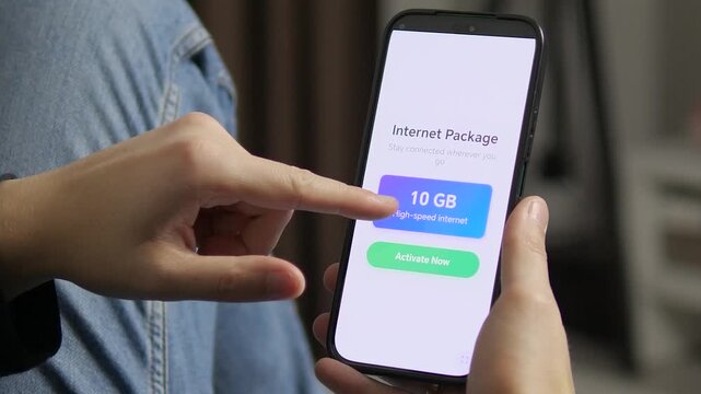 Person selects and activates mobile internet package via app. Fast data connection, wireless technology and online services concept. Ideal for telecom advertising, fintech payments, connectivity