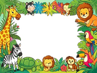 Fototapeta premium Cute cartoon animal frame with giraffe, bunny, and flowers in a colorful nature design for children birthday or holiday card