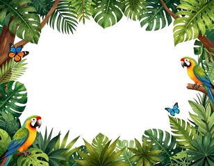 Naklejka premium Tropical jungle frame with animals and festive Christmas green fir branches for a winter holiday celebration design card