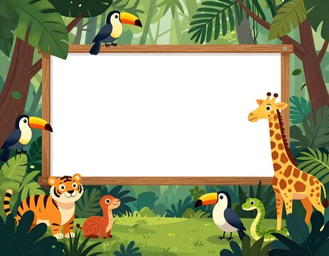 Cute cartoon vector illustration of a jungle border frame featuring tropical animals and green summer leaves on a blank nature banner art design