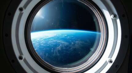 Fototapeta premium Earth horizon seen from porthole with space view and stars 