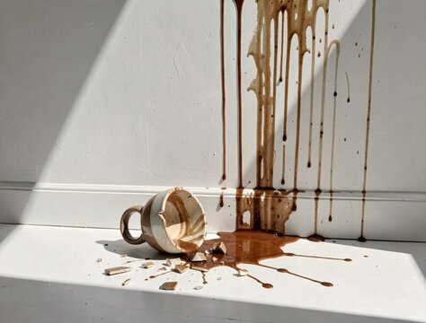 Spilled coffee on white surface with broken mug and sunlight shadows