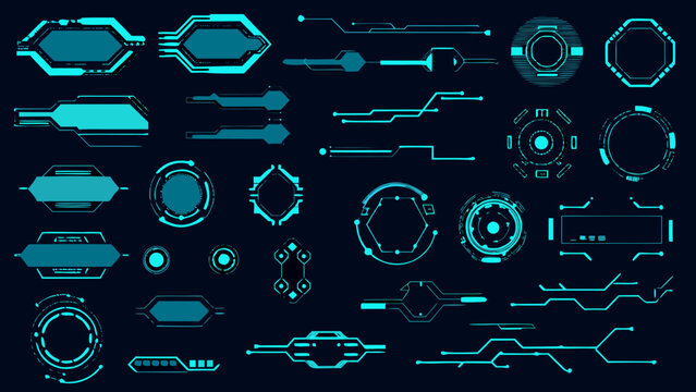 Futuristic user interface elements with glowing teal lines on dark background