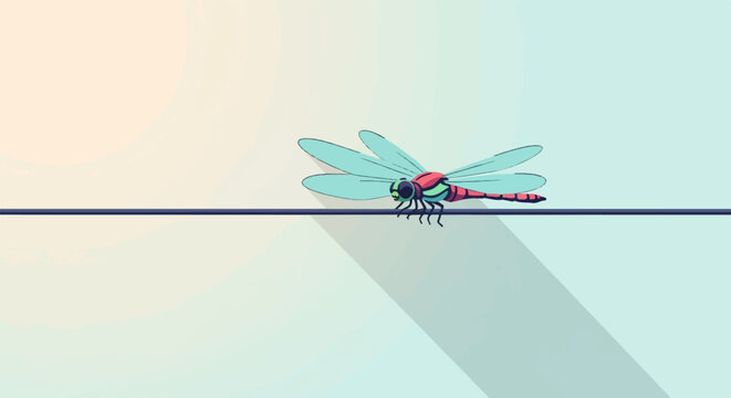 A stylized, pixelated dragonfly with teal wings rests on a dark horizontal line