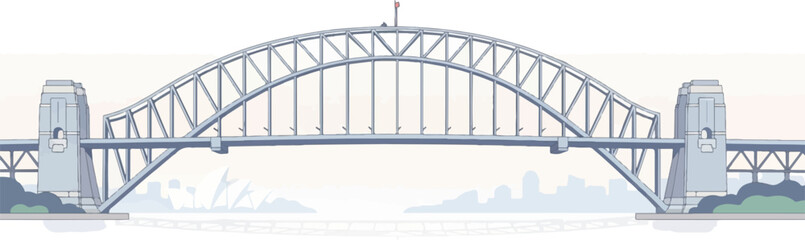 Fototapeta premium A stylized illustration of a large steel arch bridge spanning a body of water