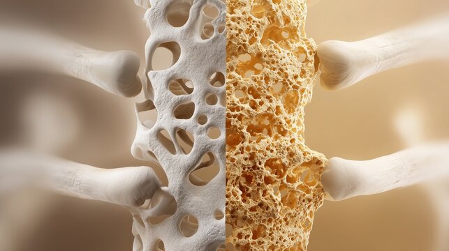 Close-up illustration of healthy and osteoporotic vertebra showing porous bone structure representing osteoporosis treatment concept.