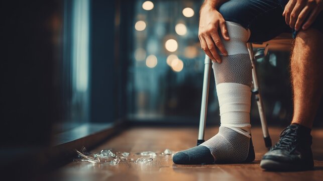 Injured foot with medical bandage and ice pack beside broken glass, conveying personal injury malpractice law and client harm after accident.